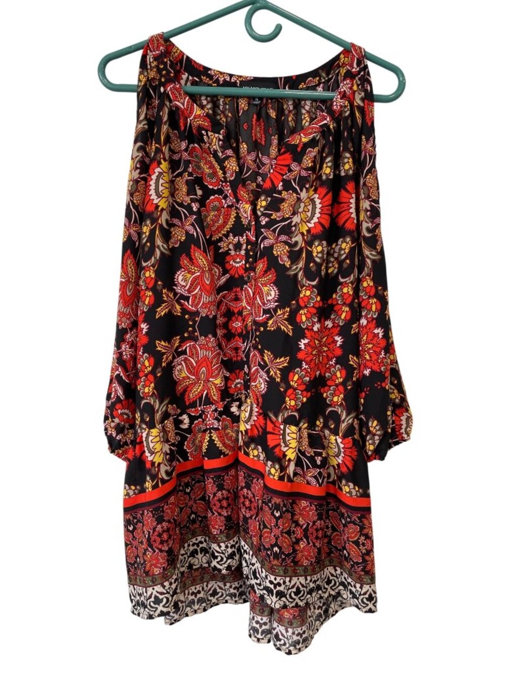 My Michelle Tunic Top XL Floral Cold Shoulder Long Sleeve Red Black Bohemian NEW